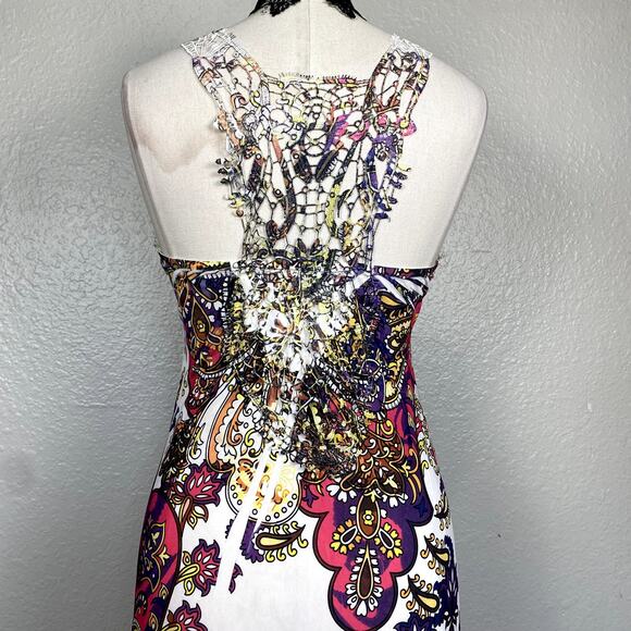 Vtg Y2K Bedazzled Rhinestone Lace Back Paisley Summer Mini Dress Mcbling Fairy - Picture 9 of 16